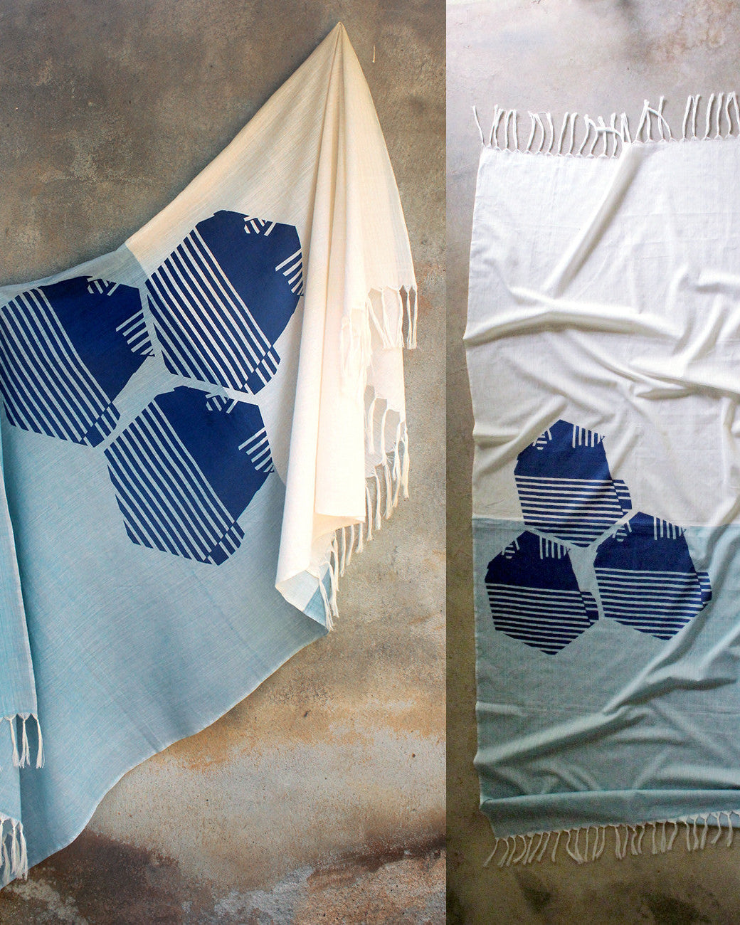 BEAM Scarf: Hexagon Mountains with Blue and Natural Base - Kara Weaves