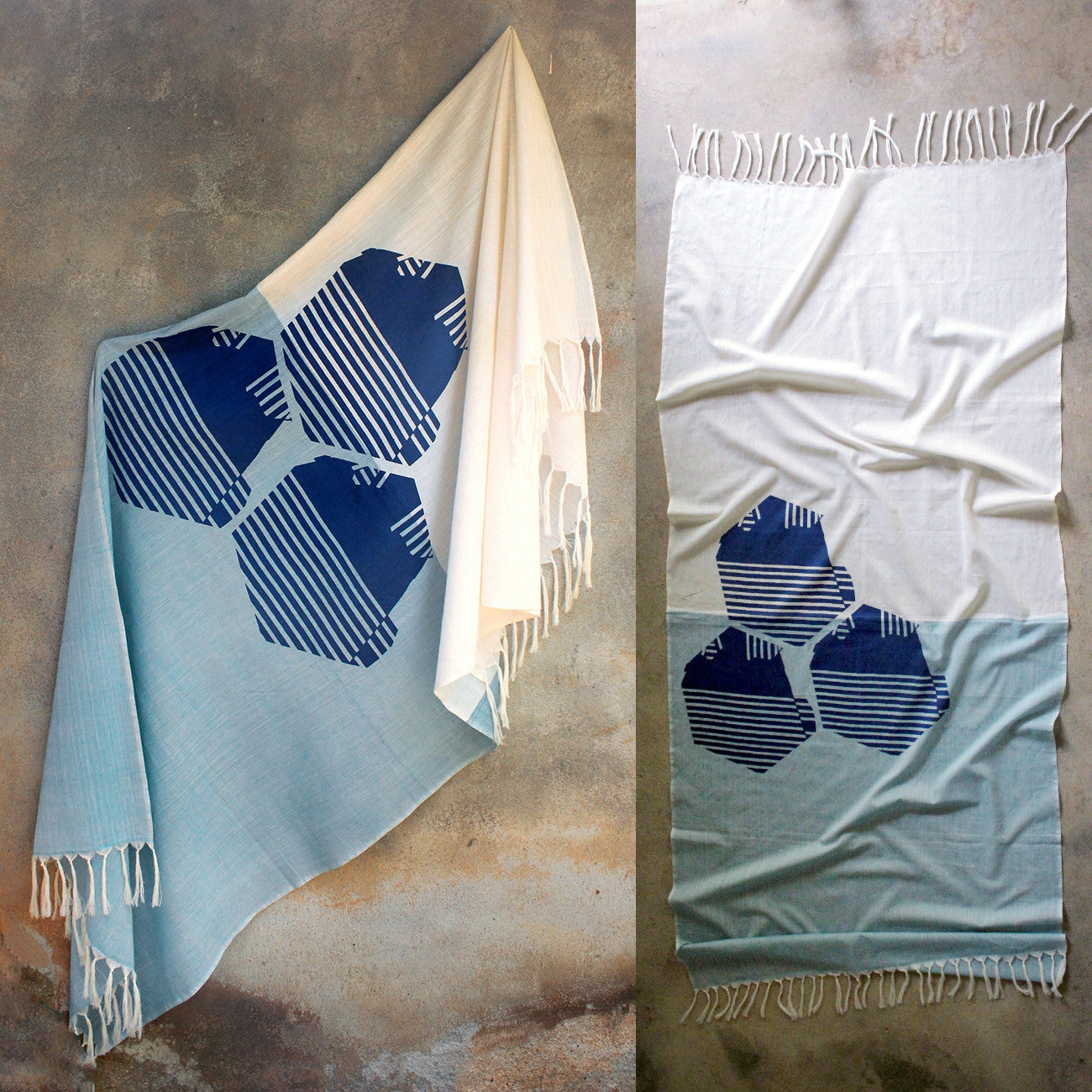 BEAM Scarf: Hexagon Mountains with Blue and Natural Base - Kara Weaves