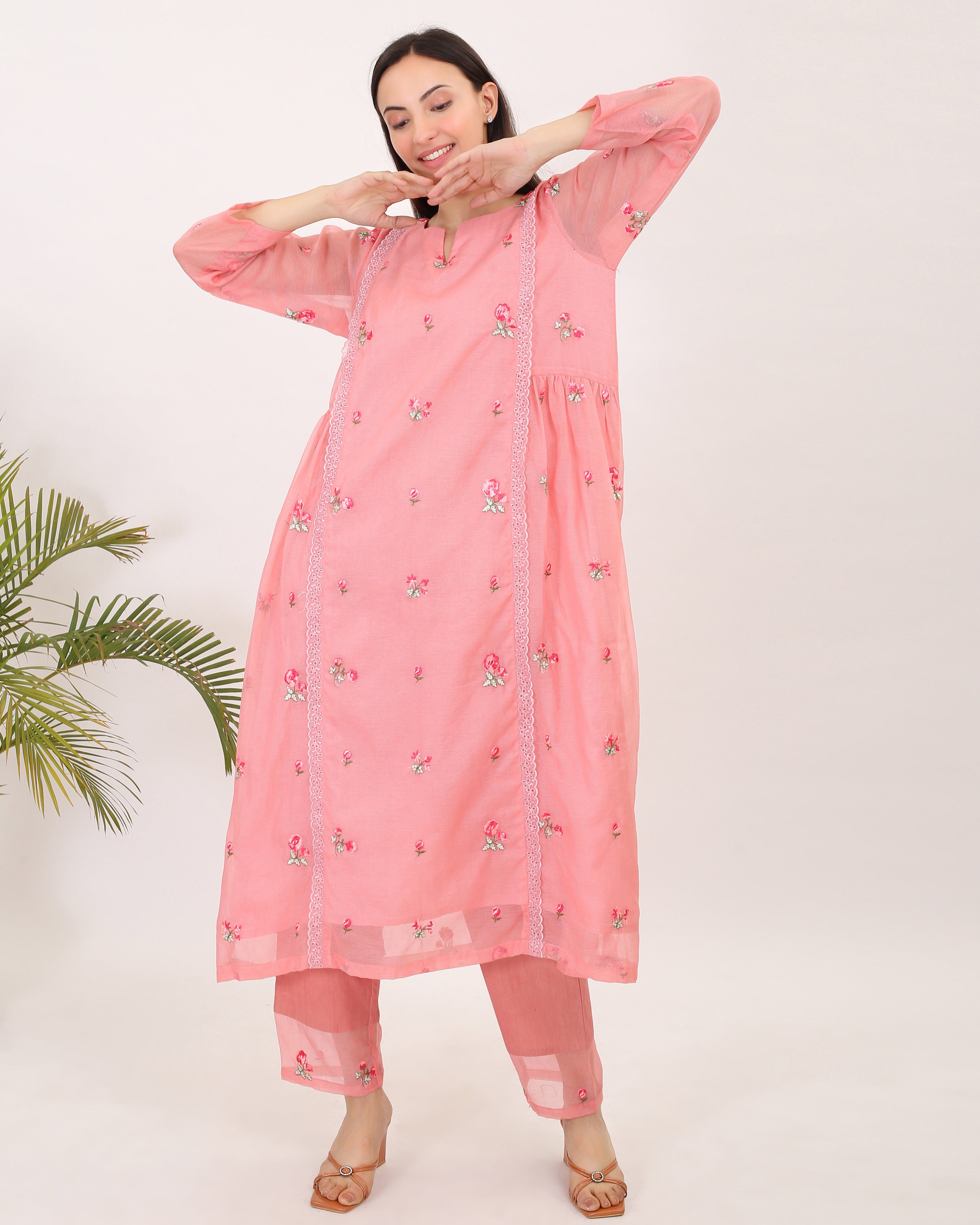 BLUSH: Kota doria embroidered women kurta set