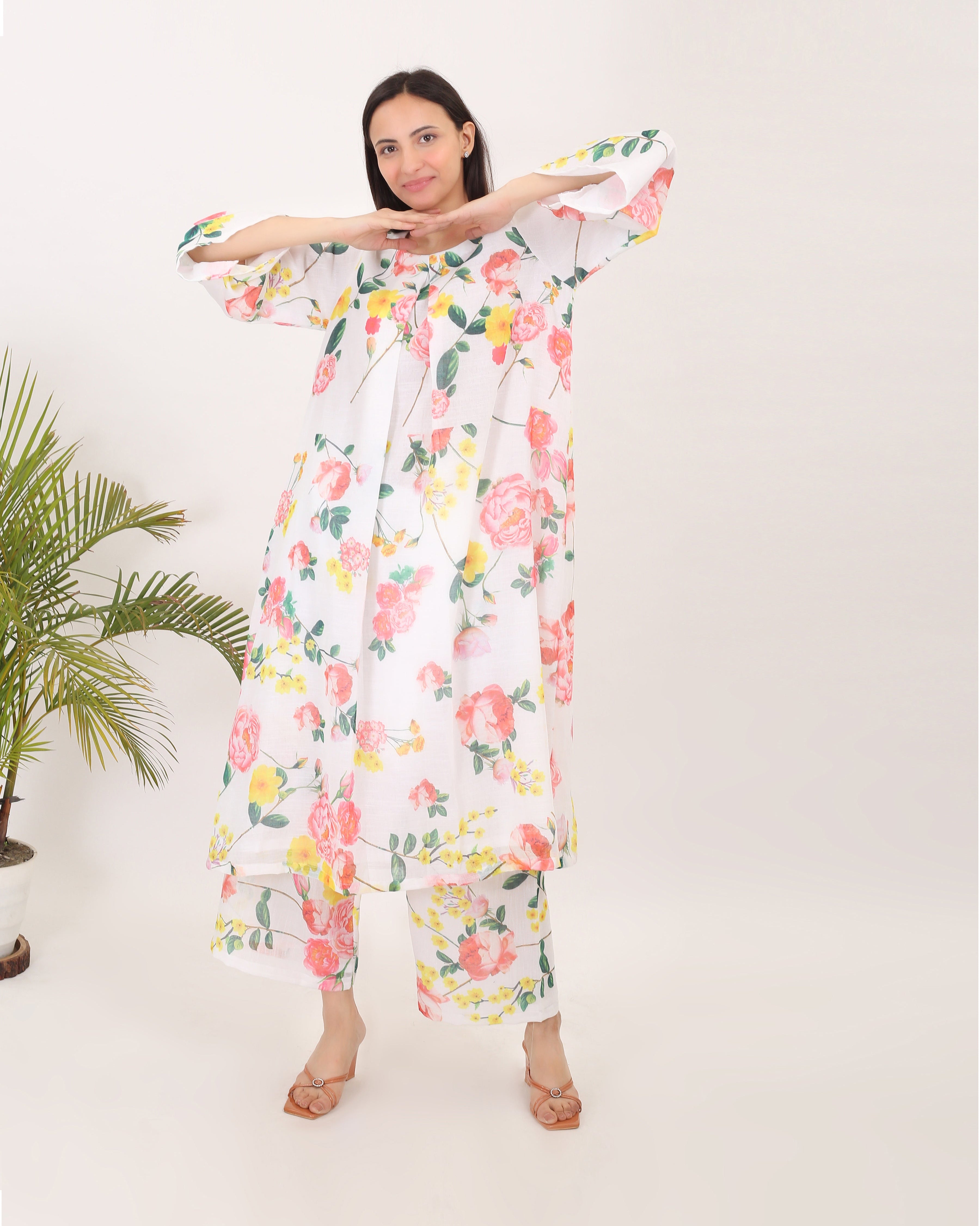 A WALK IN BLOOMS: Cotton linen printed summer women kurta set