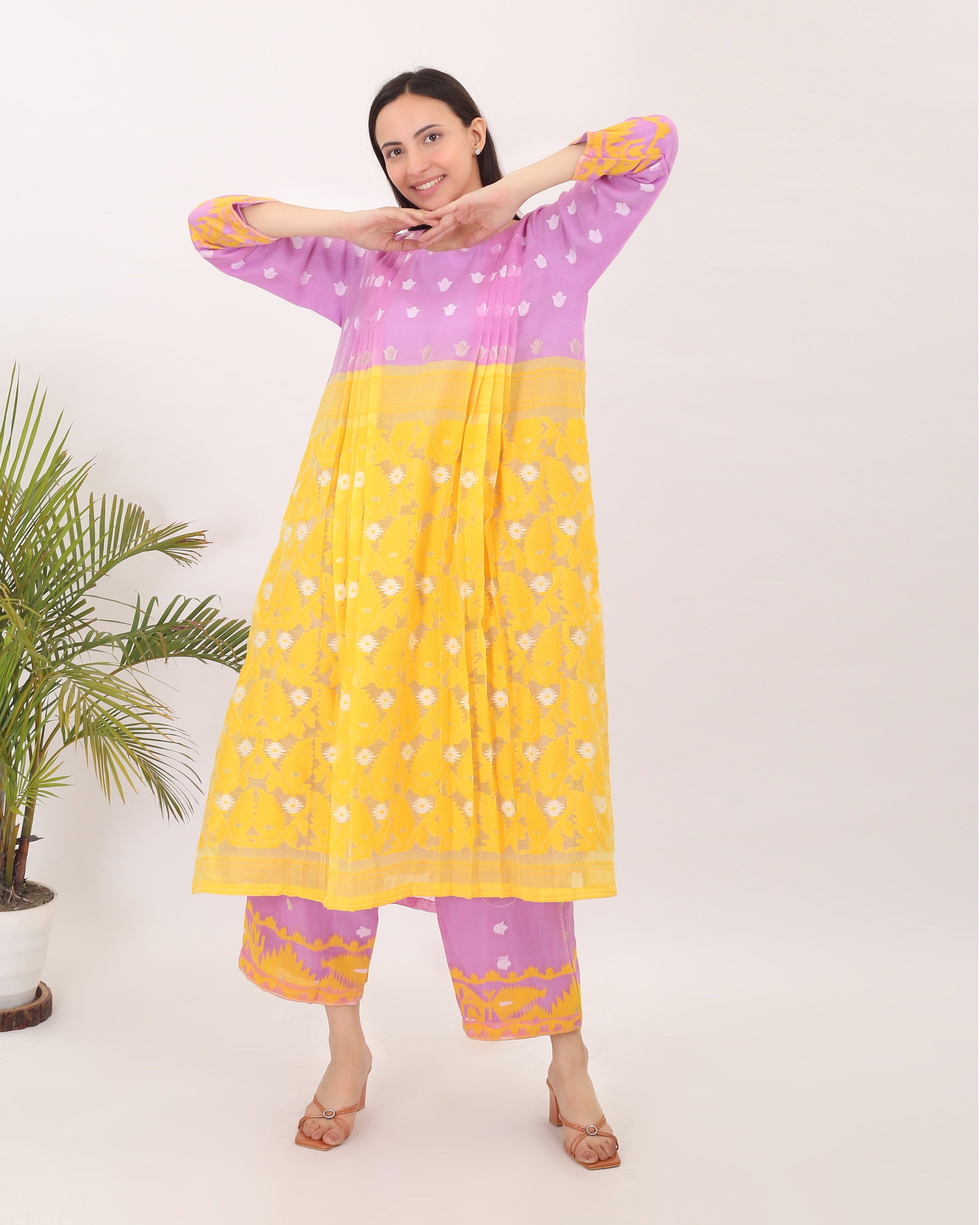 HELLO SUNSHINE: Yellow pink handwoven Jamdani women kurta set