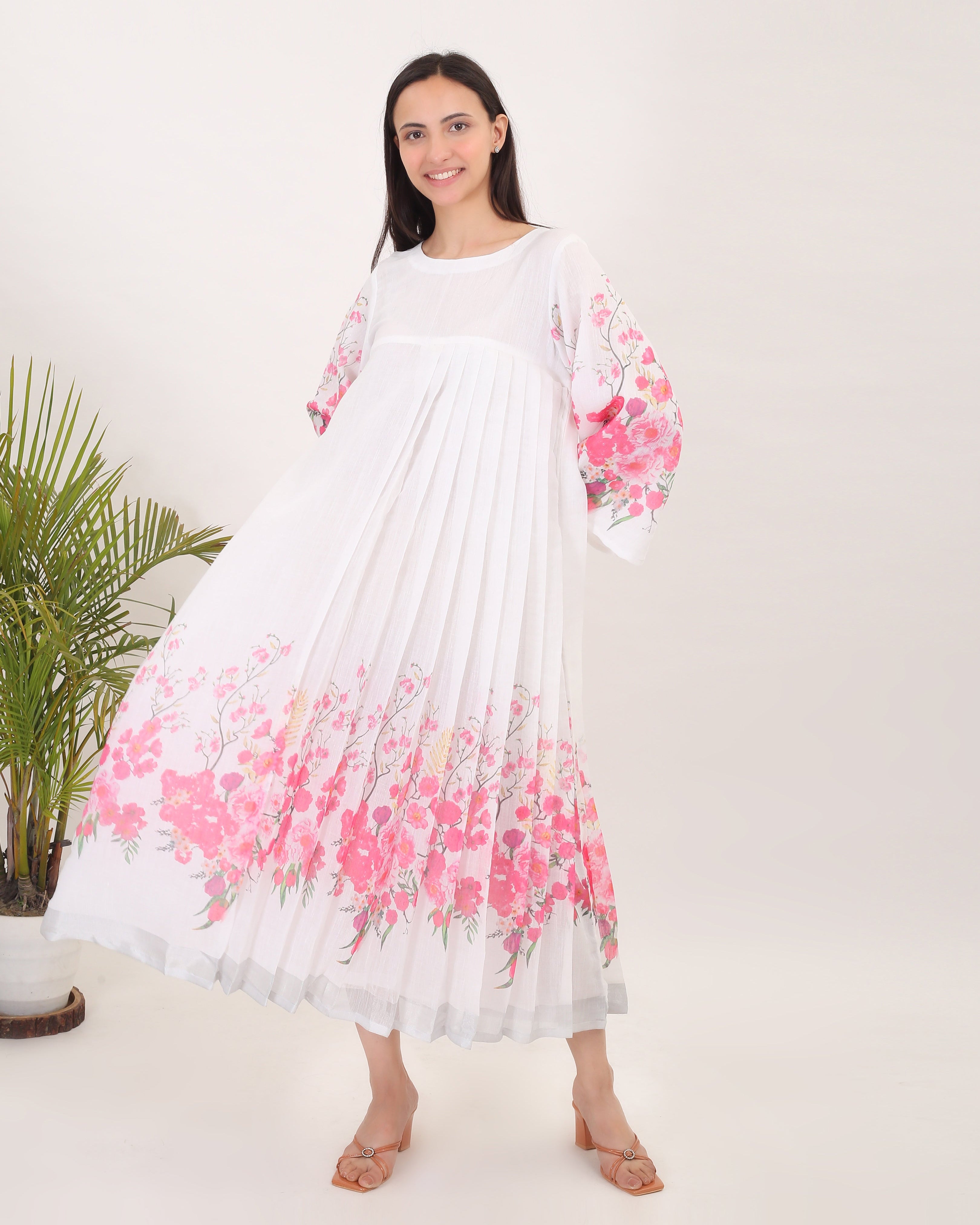 CHINESE BLOSSOMS: Cotton linen printed summer women dress