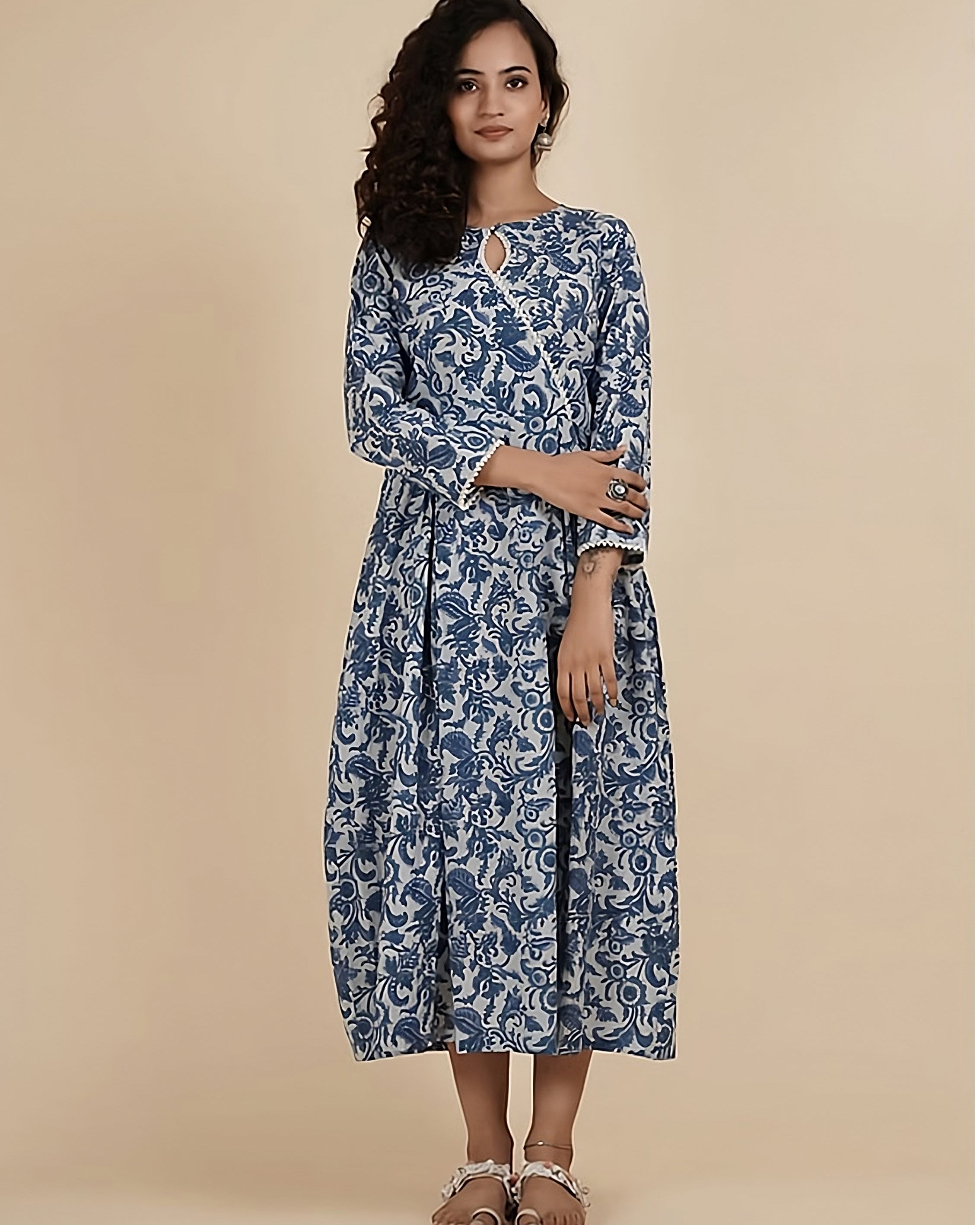 THE BLUE FLOWER: Hand block printed cotton dress with pearl detail