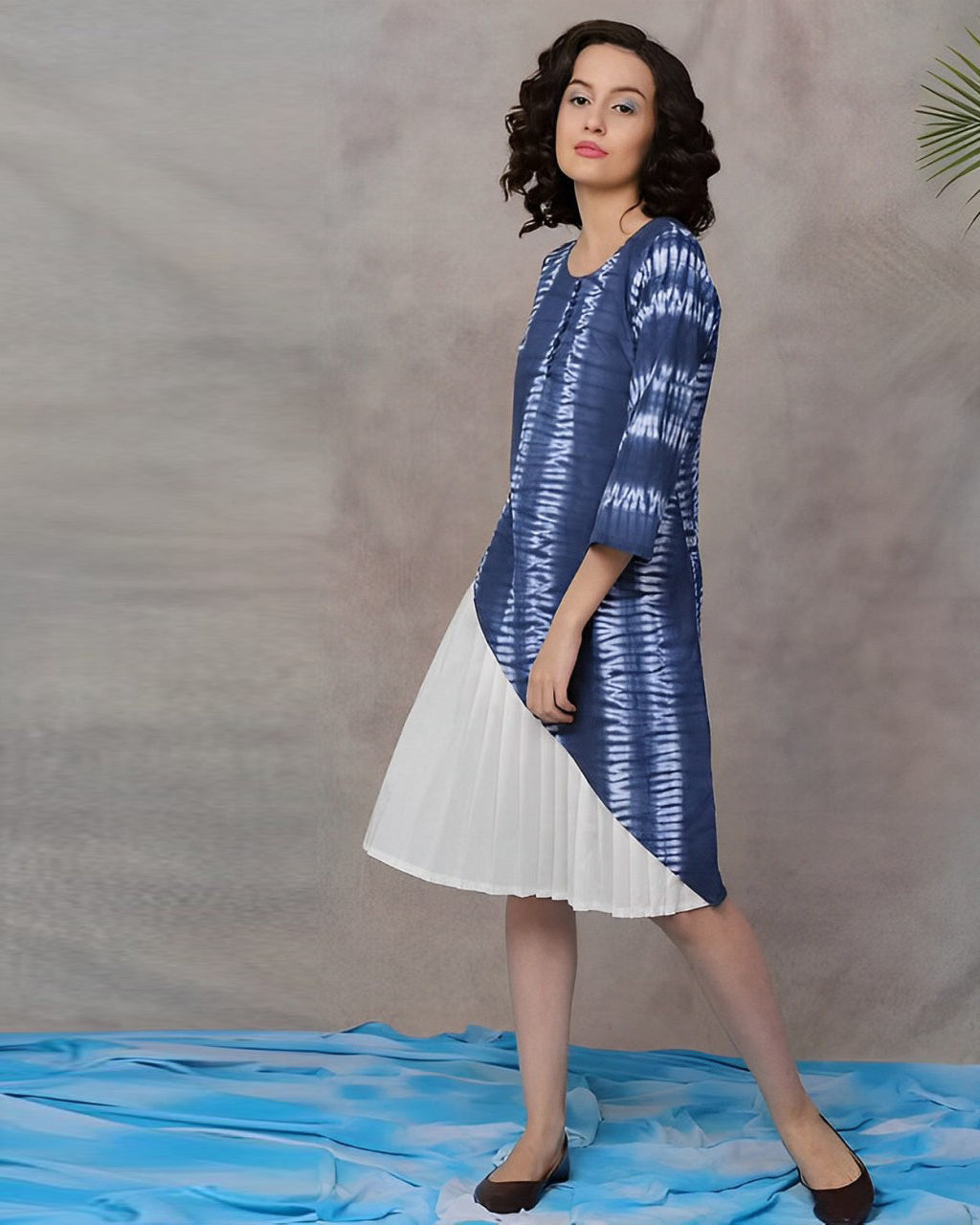 AZURE DRESS: Hand shibori cotton women pleated dress