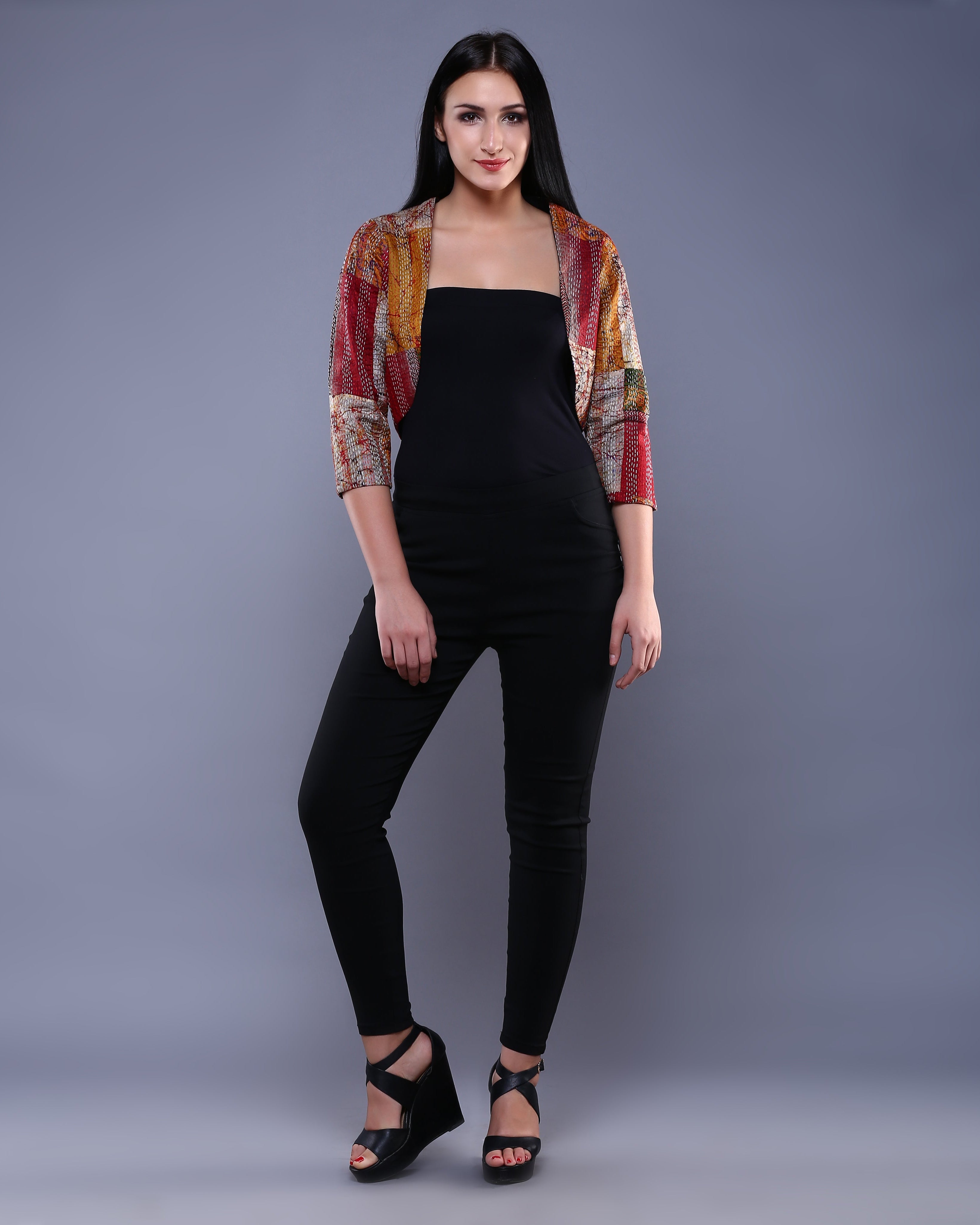 RANGREZ: Vintage silk kantha embroidered shrug