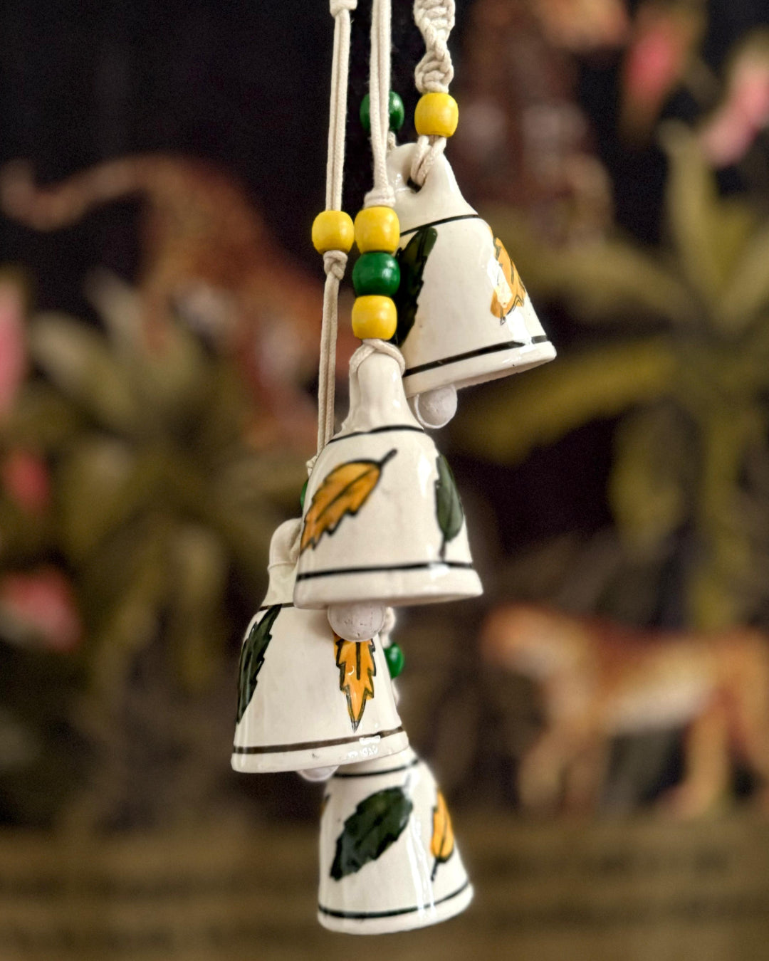 Gathari Macrame Symphony, 4 Mini Ceramic Bells Home Wall Decor Handmade Home Wall Decor, Wind chime