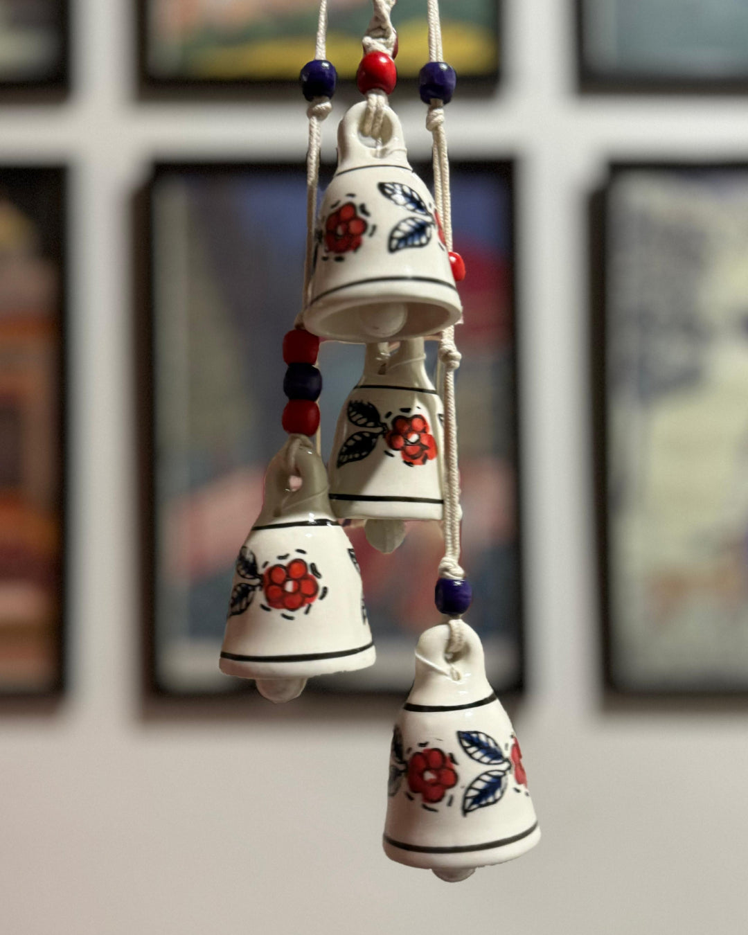 Gathari Macrame Symphony, 4 Mini Ceramic Bells Home Wall Decor Handmade Home Wall Decor, Wind chime