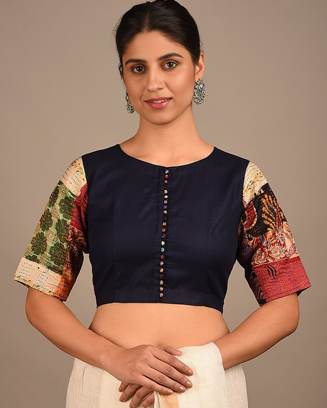 NEEL: Navy Blue Kantha Patchwork Blouse for Saree