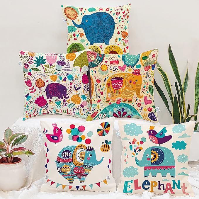 Set of 5 Elephant Cartoon Printed Cushion Covers (16x16 Inches) MOQ 25