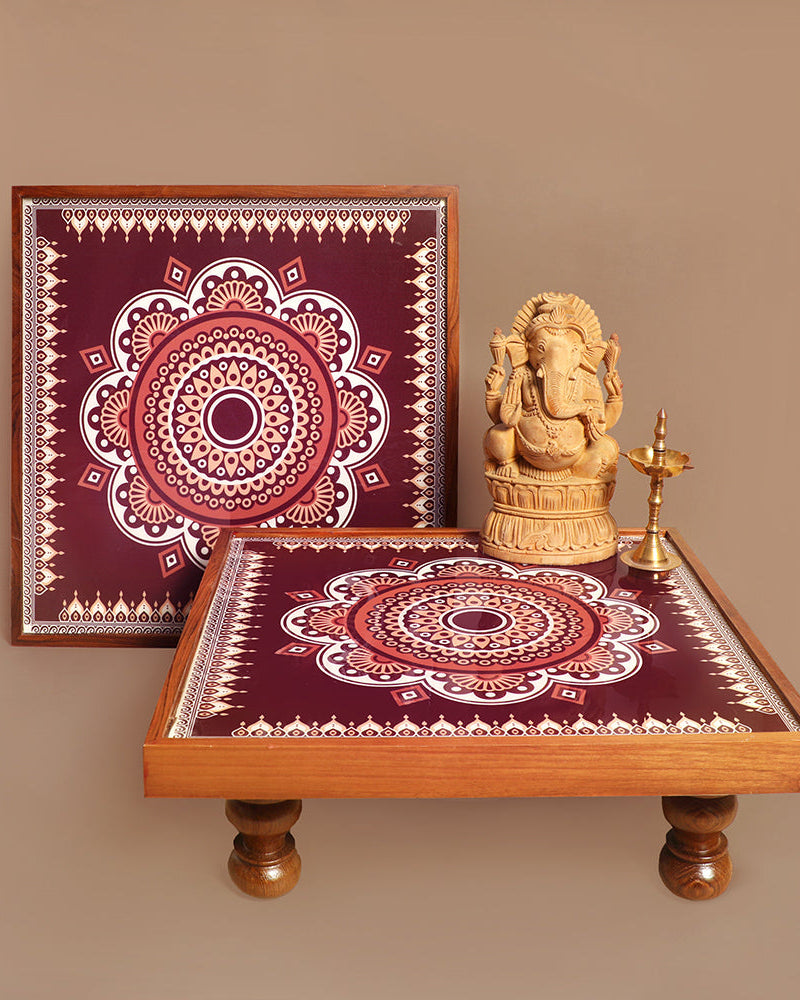 Enrich your living space with the allure of the Traditional Maroon Mandala Bajot. Crafted from Teak Wood and adorned with Serenity Mandala Art, this versatile piece serves as a decorative element, perfect for home decor, Pooja ceremonies, festive decorations, and as a sacred space to place god idols.