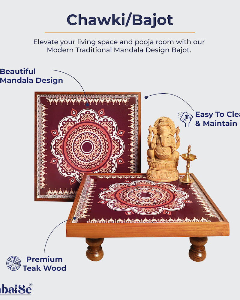 Imbue your home with cultural charm using the Traditional Maroon Mandala Bajot. Made from Teak Wood with Serenity Mandala Art, this piece, known as Chowki or Pattla in various cultures, enhances your decor, Pooja rituals, and festive settings, providing an elegant platform for god idols.