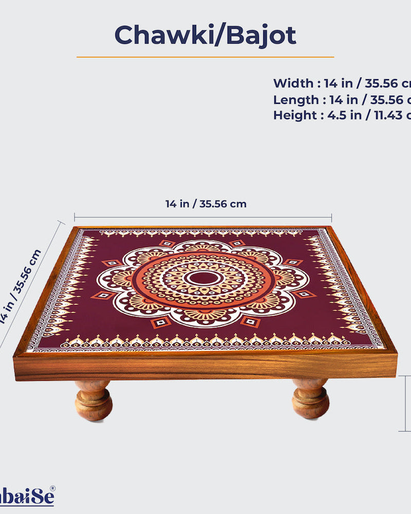 Transform your home with the Traditional Maroon Mandala Bajot, a Teak Wood creation featuring Serenity Mandala Art. Versatile in its use for home decoration, Pooja ceremonies, and festive decor, this piece, referred to as Chowki or Pattla, adds cultural significance and elegance to your space.