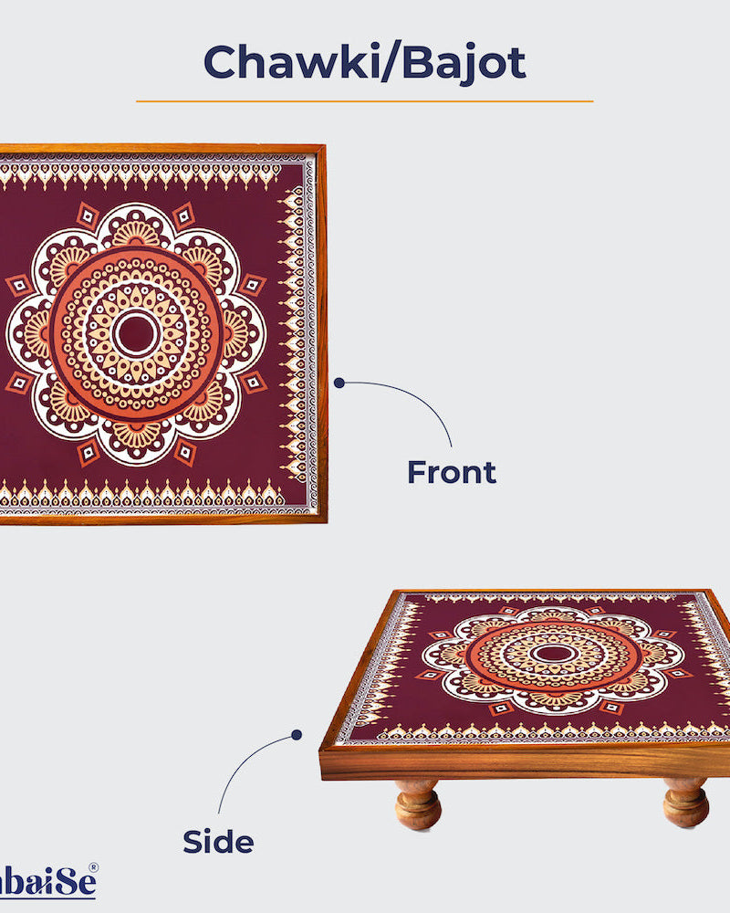 Introducing the Traditional Maroon Mandala Bajot ‰ÛÒ a Teak Wood masterpiece with Serenity Mandala Art. Embrace cultural diversity with this piece, also recognized as Chowki or Pattla, enhancing your home decor, Pooja ambiance, and festive decorations with its artistic and sacred appeal.