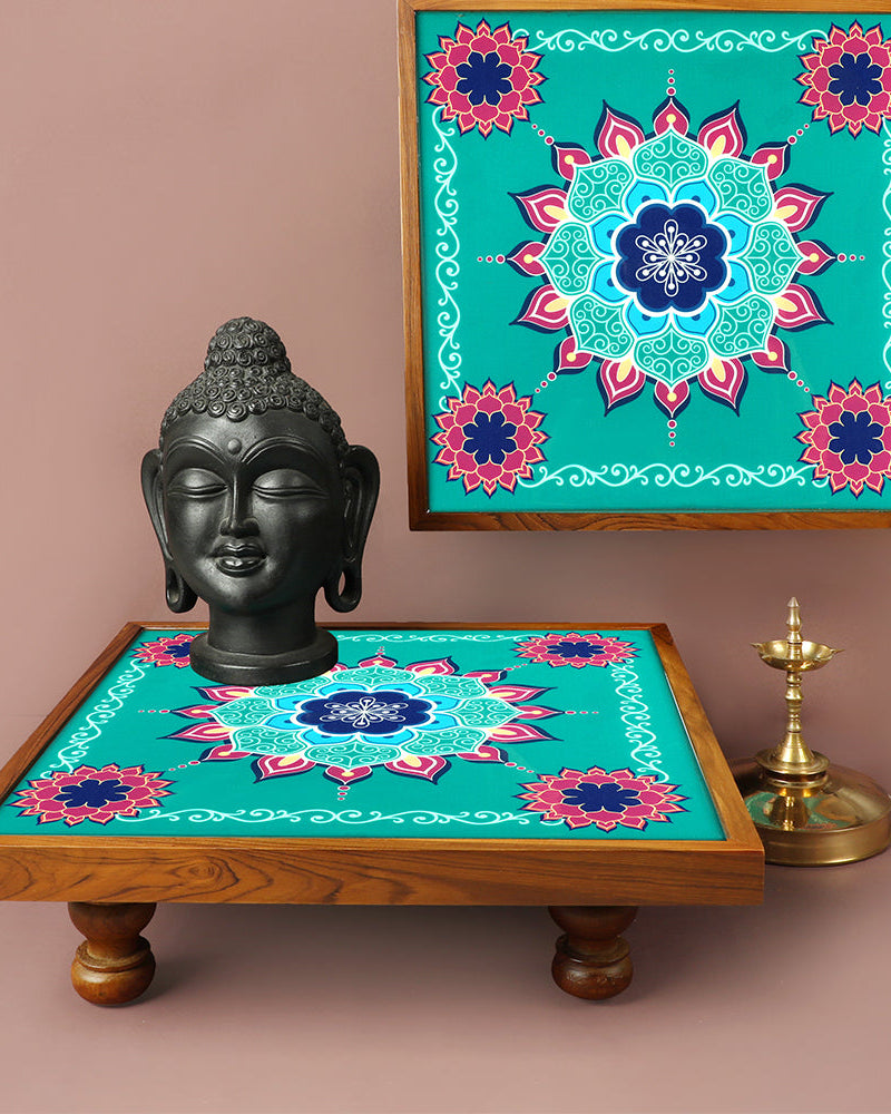 Immerse your space in the aura of the Bajot Aquamarine Mandala, a Teak Wood marvel designed for decor, pooja, and spiritual ambiance. Known as Chowki or Pattla in various cultures, this piece, adorned with Serenity Mandala Art, creates a serene haven for placing god idols.