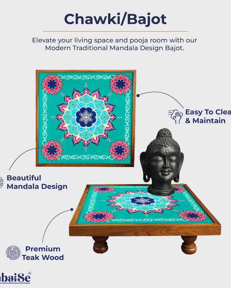 Radiate positivity with the Bajot Aquamarine Mandala, expertly crafted from Teak Wood and featuring Serenity Mandala Art. Whether utilized for decor, pooja, or spiritual decor, this versatile piece, also recognized as Chowki or Pattla, offers a sacred setting for placing god idols.