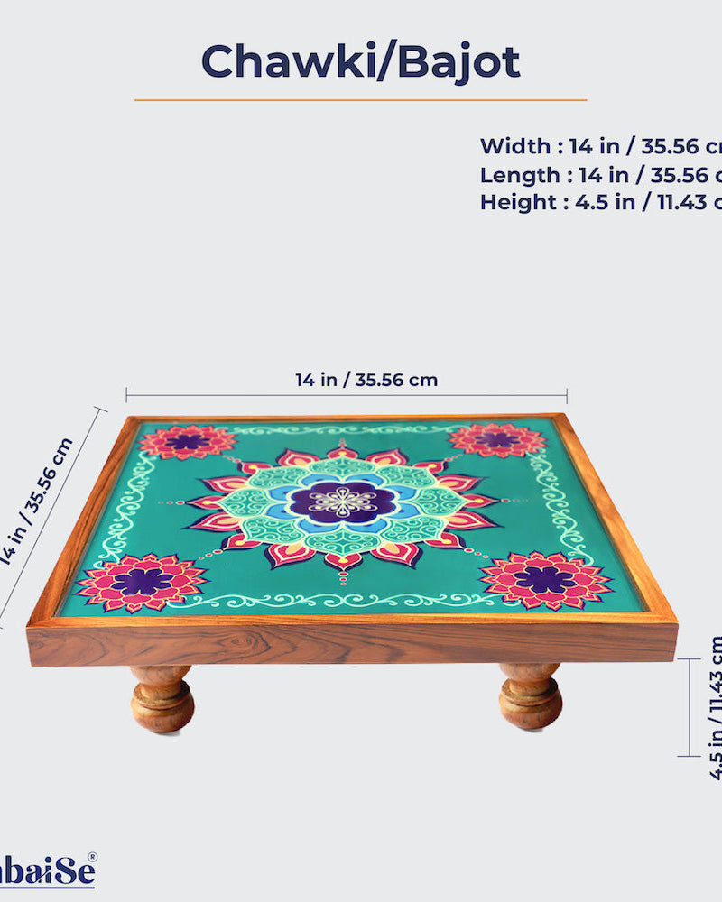 Infuse your living space with the essence of the Bajot Aquamarine Mandala, a Teak Wood creation showcasing Serenity Mandala Art. Suited for decor, pooja, and spiritual decor, this piece, alternatively called Chowki or Pattla, provides an elegant foundation for placing god idols, fostering a tranquil atmosphere.