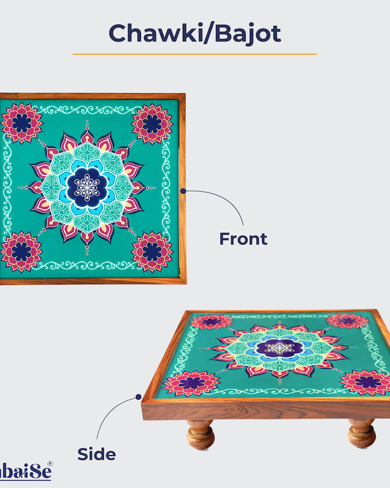 Introducing the Bajot Aquamarine Mandala ‰ÛÒ a Teak Wood masterpiece featuring Serenity Mandala Art, ideal for decor, pooja, and spiritual decor. Embracing the names Chowki or Pattla in diverse cultures, this piece creates a sacred space for placing god idols, radiating elegance and charm.