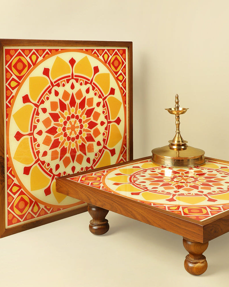 Illuminate your space with the Bajot Sunshine Mandala Art, a Teak Wood masterpiece perfect for decor, pooja, and spiritual decor. Also known as Chowki or Pattla in different cultures, this piece features Serenity Mandala Art, creating a serene ambiance for placing god idols.