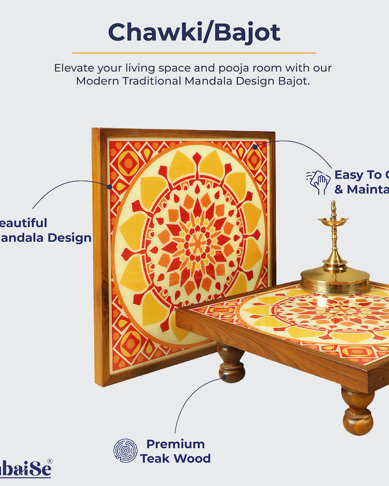 Experience the warmth of the Bajot Sunshine Mandala Art, crafted from Teak Wood and adorned with Serenity Mandala Art. Whether used for decor, pooja, or spiritual decor, this versatile piece, also known as Chowki or Pattla, provides a sacred platform for placing god idols.