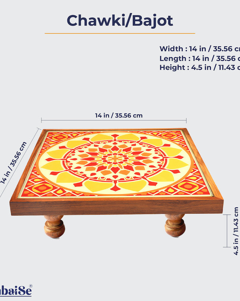 Transform your home with the Bajot Sunshine Mandala Art, a Teak Wood gem featuring Serenity Mandala Art. Ideal for decor, pooja, and spiritual decor, this piece, also called Chowki or Pattla, serves as an elegant platform for placing god idols and bringing a sense of peace and beauty.