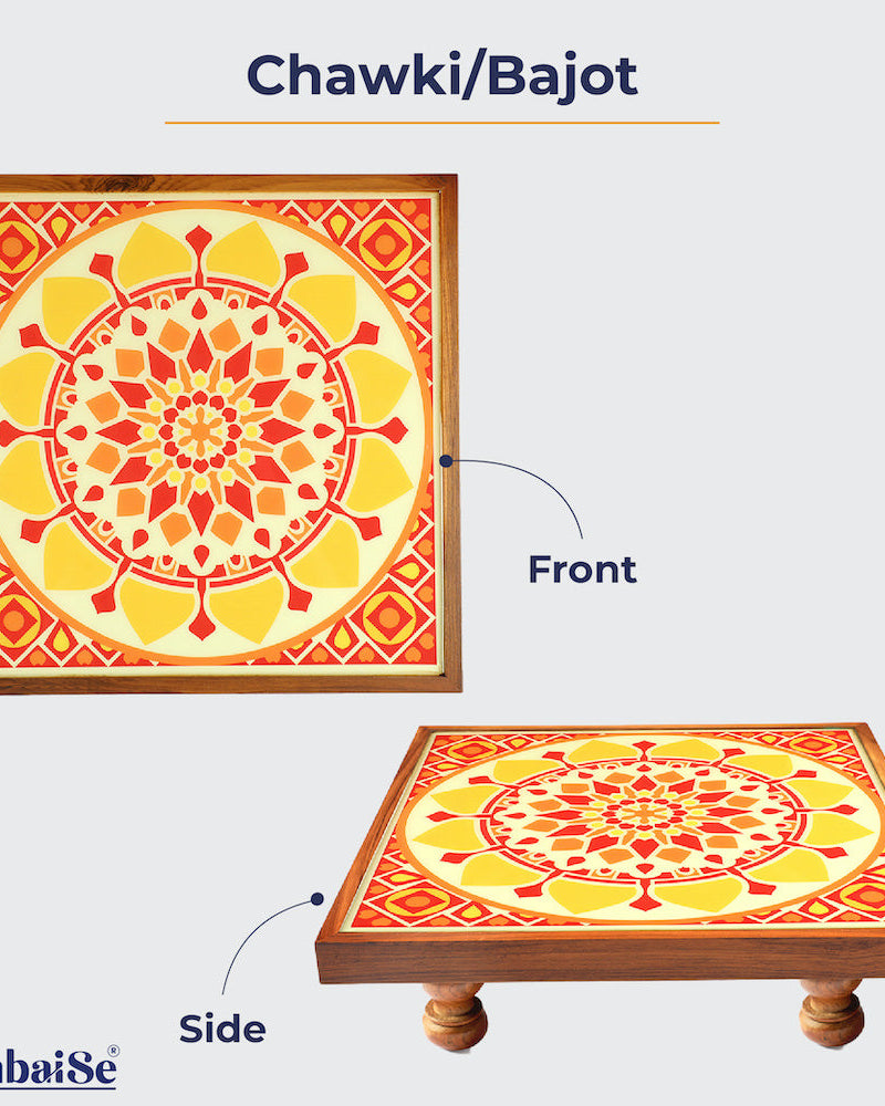 Introducing the Bajot Sunshine Mandala Art ‰ÛÒ a Teak Wood creation with Serenity Mandala Art, perfect for decor, pooja, and spiritual decor. Also known as Chowki or Pattla, this piece provides a sacred platform for placing god idols, adding elegance and charm to your space.