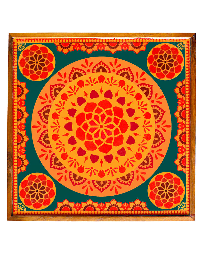 This beautiful yellow-green mandala art bajot is the ideal addition to your living area or pooja room.
