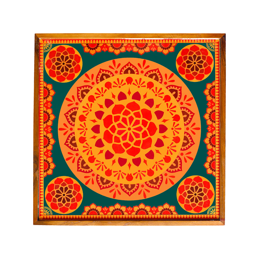 This beautiful yellow-green mandala art bajot is the ideal addition to your living area or pooja room.