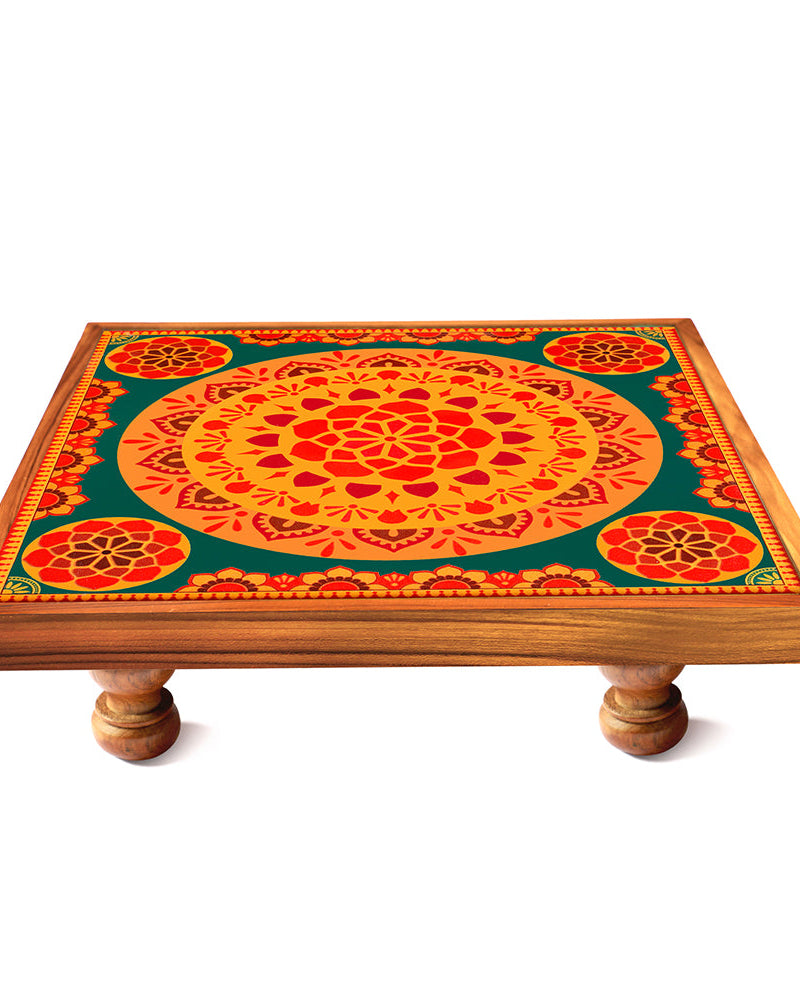 This beautiful yellow-green mandala art chowki is the ideal addition to your living area or pooja room.