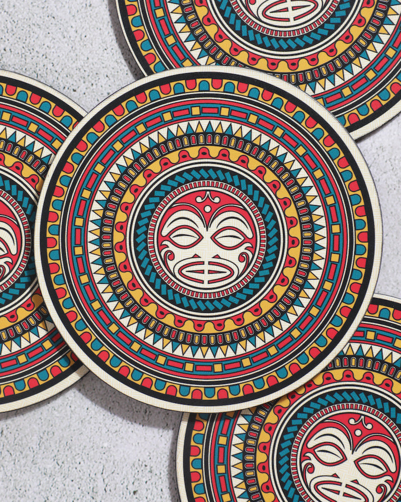 Enhance your table aesthetics with the HARI KOA Maori Mandala Big Coaster, a set of four high-quality laminated wood coasters. Designed for ice-cold drinks and to protect tables from hot utensils, these round coasters feature captivating Maori Mandal Art, bringing a touch of chaos-resistant serenity to your space.
