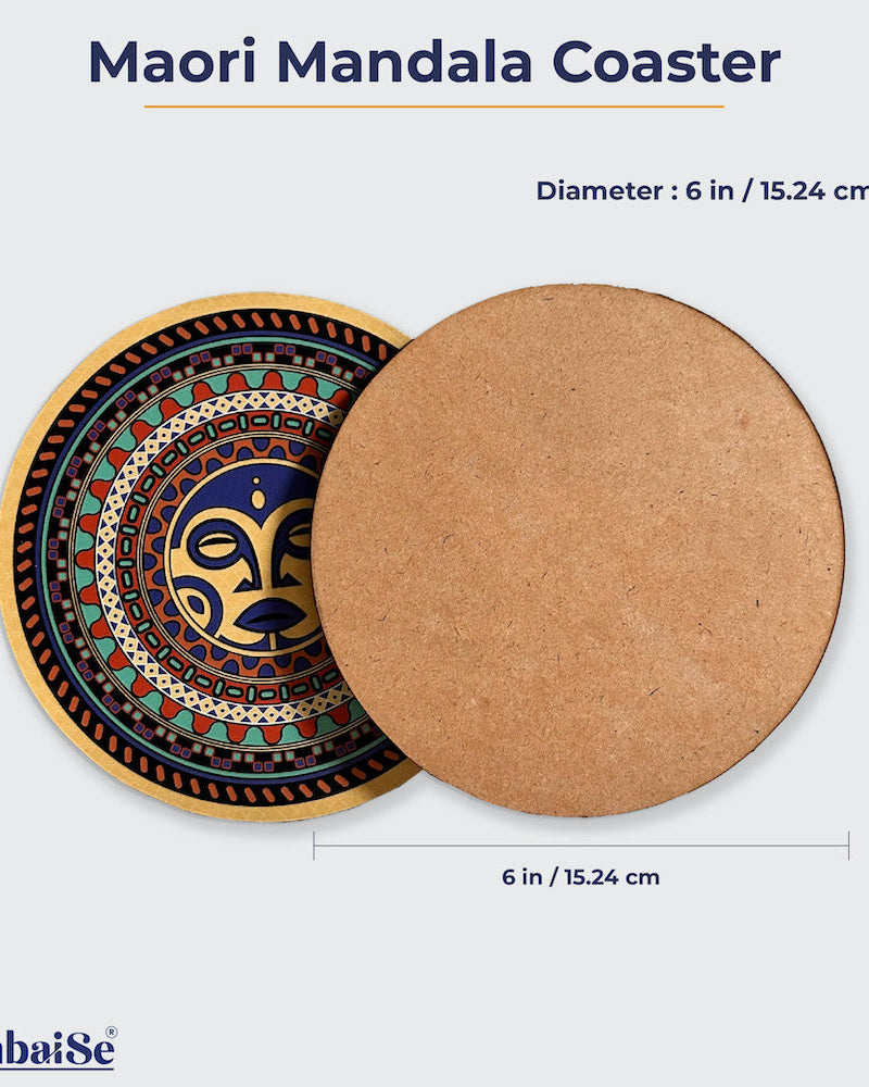 Immerse your table settings in artistry with the MAIA Maori Mandala Big Coaster set, a pack of four round coasters crafted from high-quality laminated wood. Designed for ice-cold drinks and protection from hot utensils, each coaster features captivating Maori Mandal Art, bringing a touch of chaotic serenity to your space.