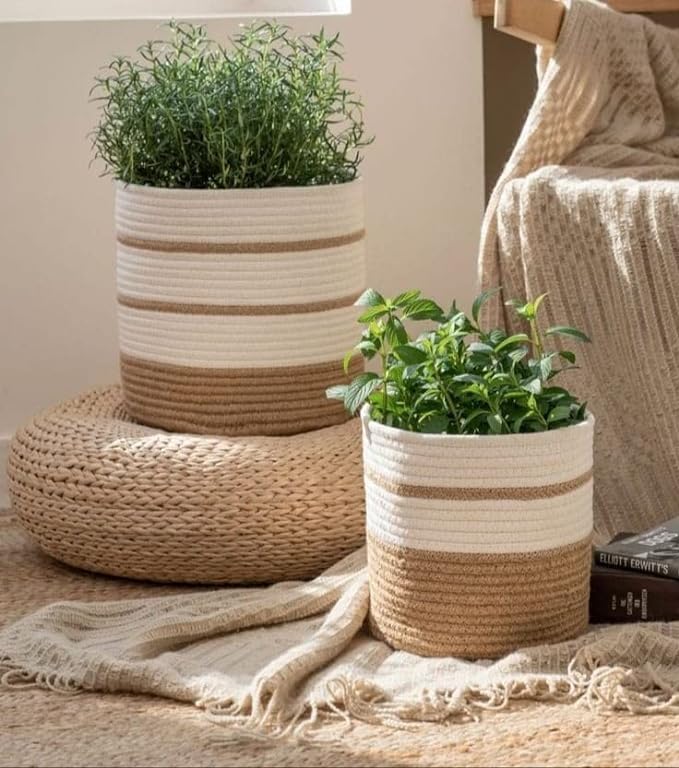 Jute Planter Baskets for Home (Pack of 2, Beige & Brown, 6x6 inch & 8x8 inch)