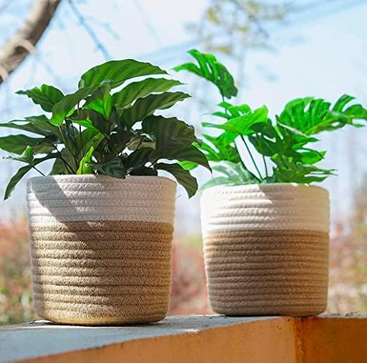 Set of 2 Jute & Cotton Planter Baskets/Pot Bags - Beige-White, 8 Inch"