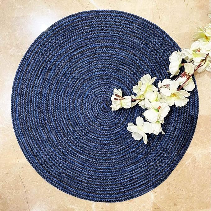 Multipurpose Braided Round Table Mat (1 Piece, 40 cm, Blue-Black Melange)