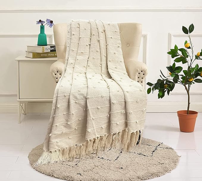 Cozy Comfort: Hand-Knitted Pure Cotton Sofa Throw | Summer Collection | Beige/Natural | 82x52 Inches | Pack of 1