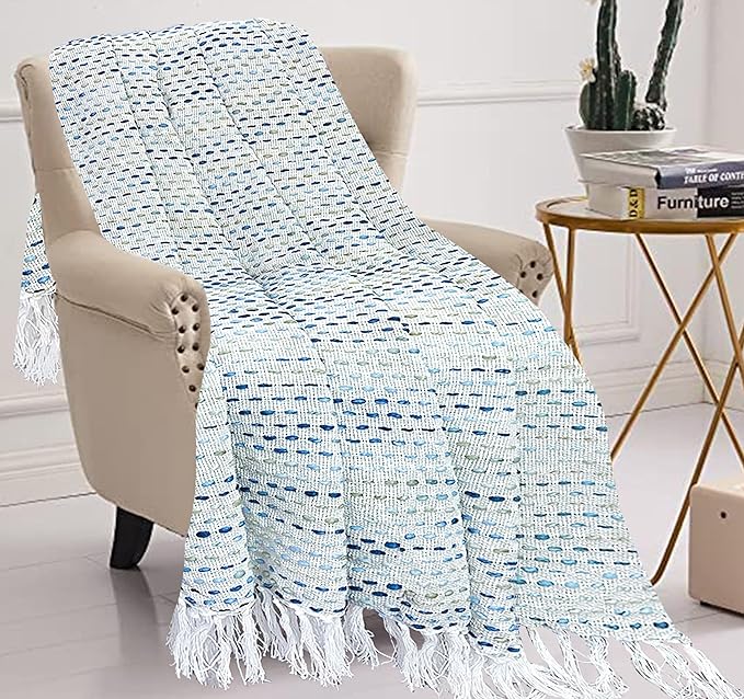 Luxe Comfort: Hand-Knitted Pure Cotton Sofa Throw Blanket | Teal Blue with Tassels | 82x52 Inches | Pack of 1