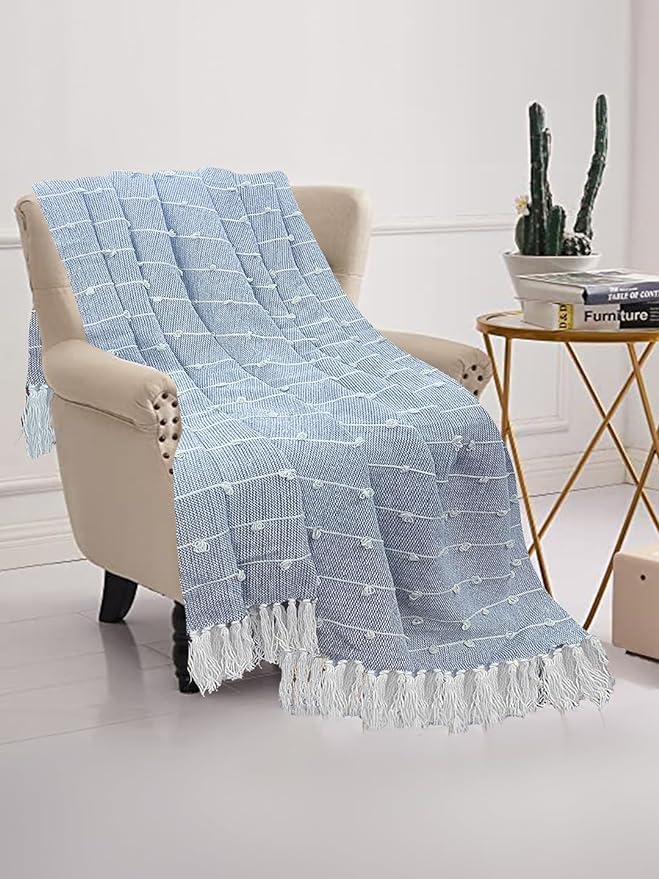 Cozy Elegance: Hand-Knitted Pure Cotton Sofa Throw Blanket | Smoke Grey with Tassels | 82x52 Inches | Pack of 1