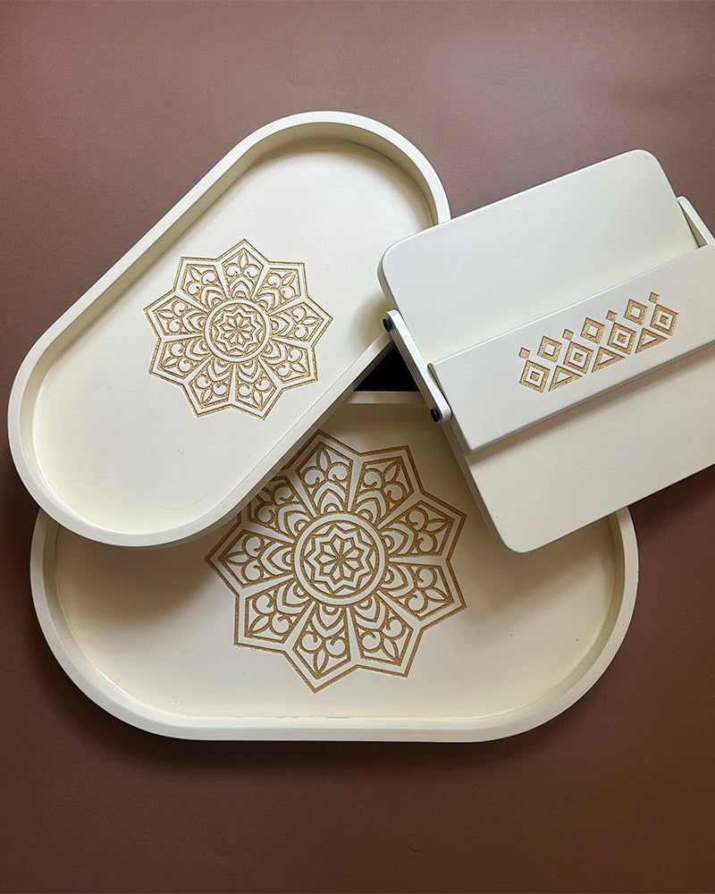 Buy bundle Ivory White Oval Tray set with Tissue Tray Ivory-White Oval Tray Set of 2 and BambaiSe Style Mandala Tissue Tray. Elevate your dining experience with classic beauty and vibrant colors.