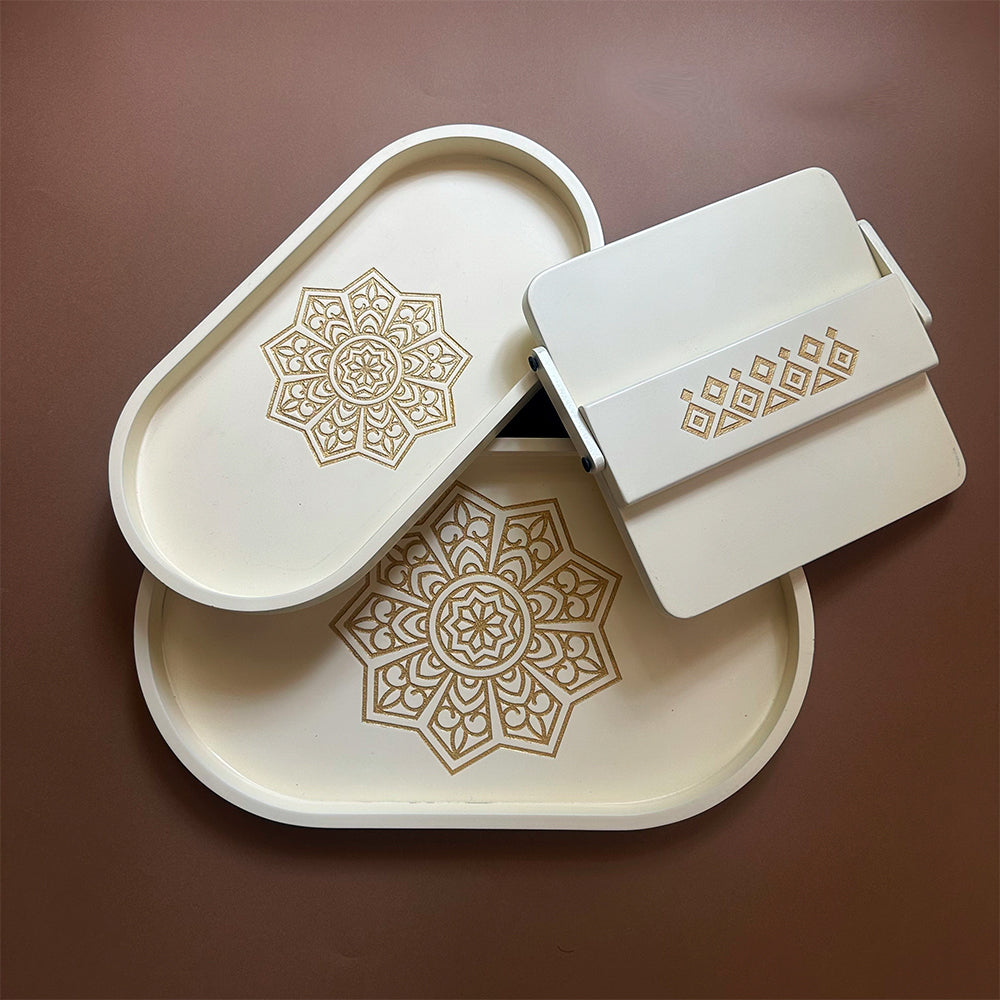Buy bundle Ivory White Oval Tray set with Tissue Tray Ivory-White Oval Tray Set of 2 and BambaiSe Style Mandala Tissue Tray. Elevate your dining experience with classic beauty and vibrant colors.