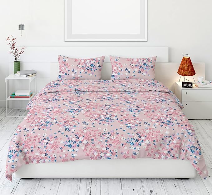 Dreamy Comfort: 186 TC Printed Cotton King Bedsheet with 2 Pillow Covers | Pink | Pack of 1.