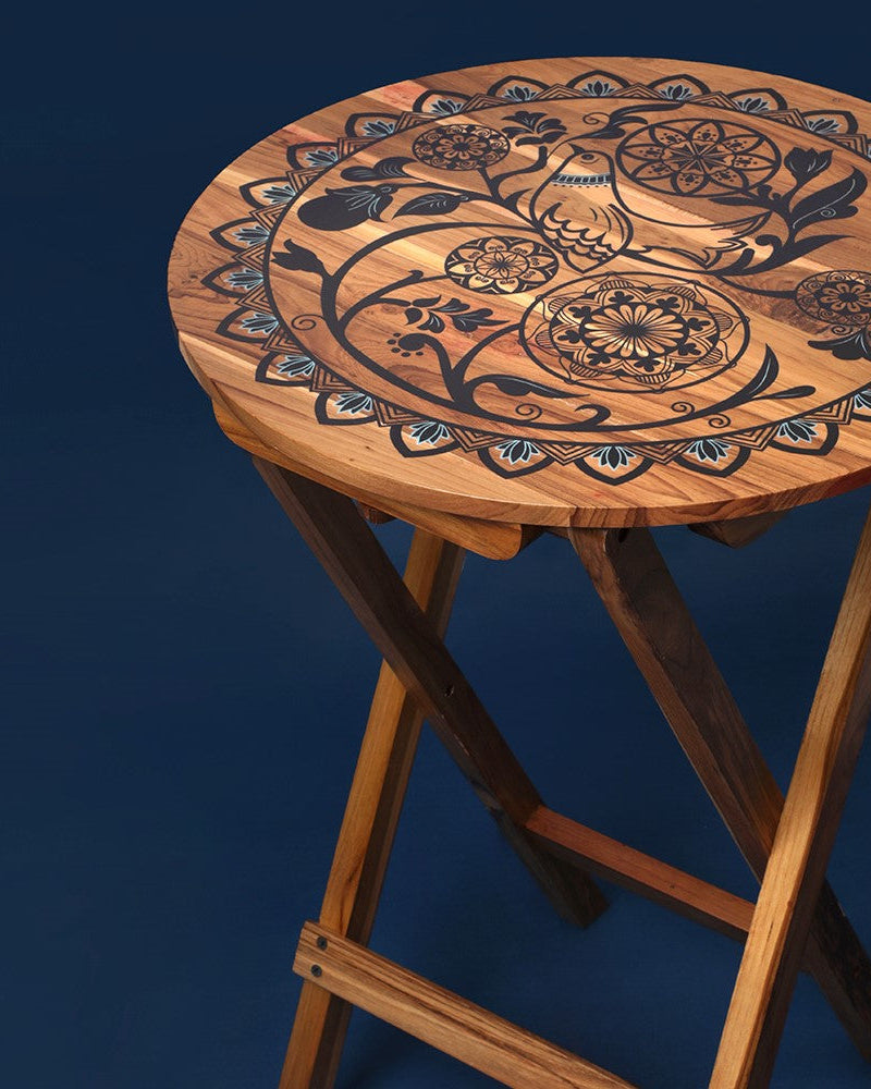 Exquisite Bird on Mandala Folding Coffee Table crafted from 100% Teak Wood for an elegant and premium home decor experience.