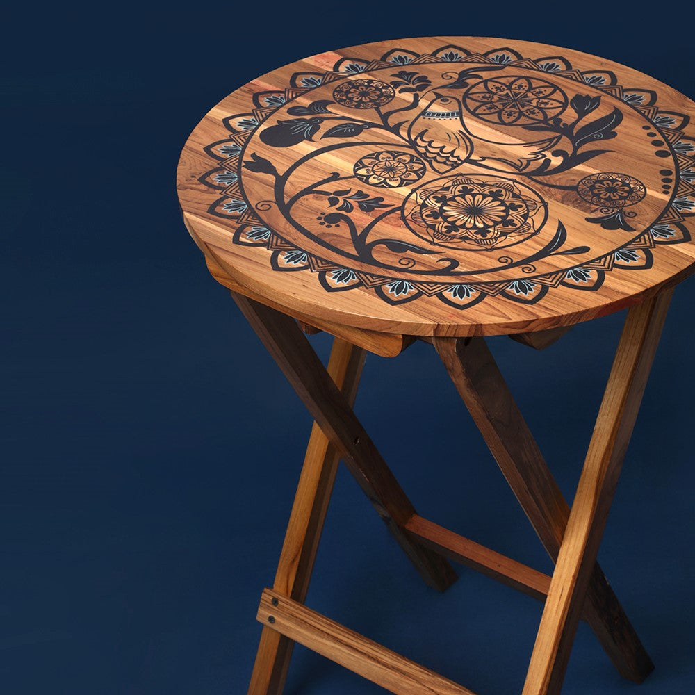 Exquisite Bird on Mandala Folding Coffee Table crafted from 100% Teak Wood for an elegant and premium home decor experience.