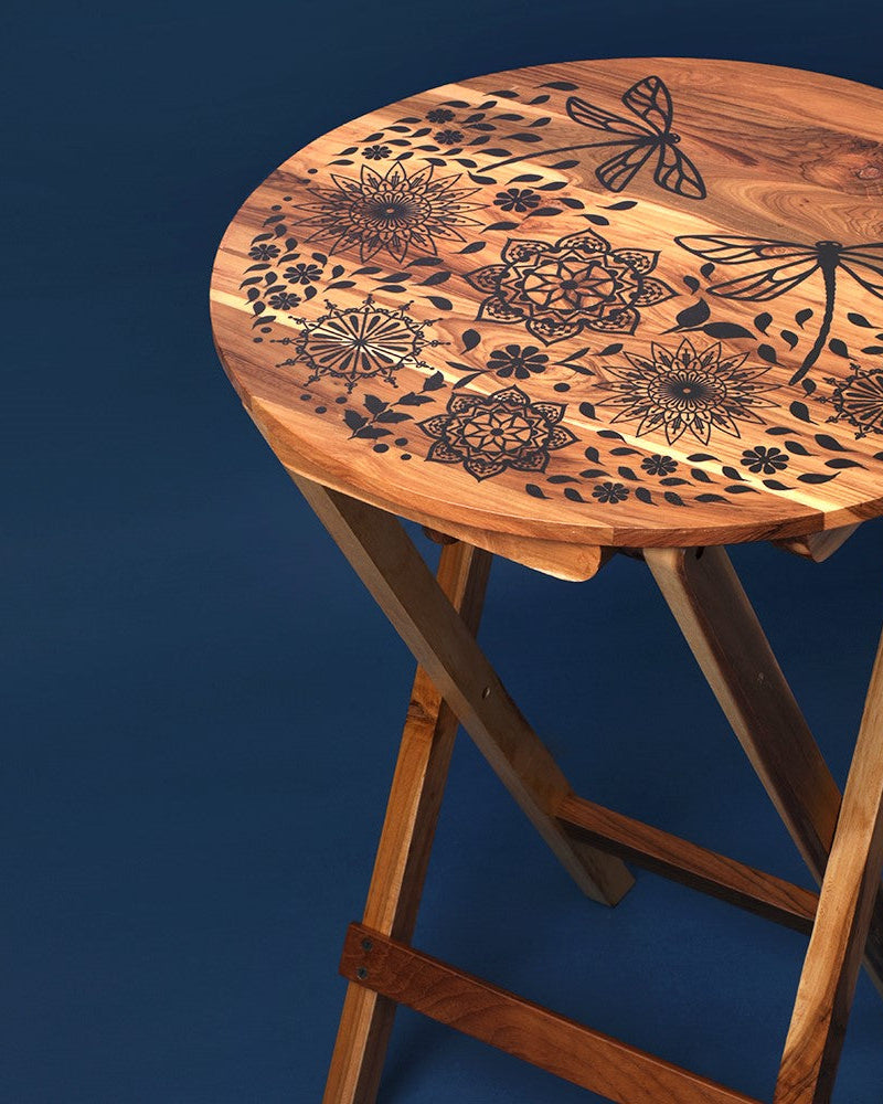 Transform any space with our versatile Dragonfly Mandala Round Folding Table ‰ÛÒ a stunning 100% Teak Wood creation, perfect as a coffee table, sofa side table, bed side table, or balcony centrepiece.