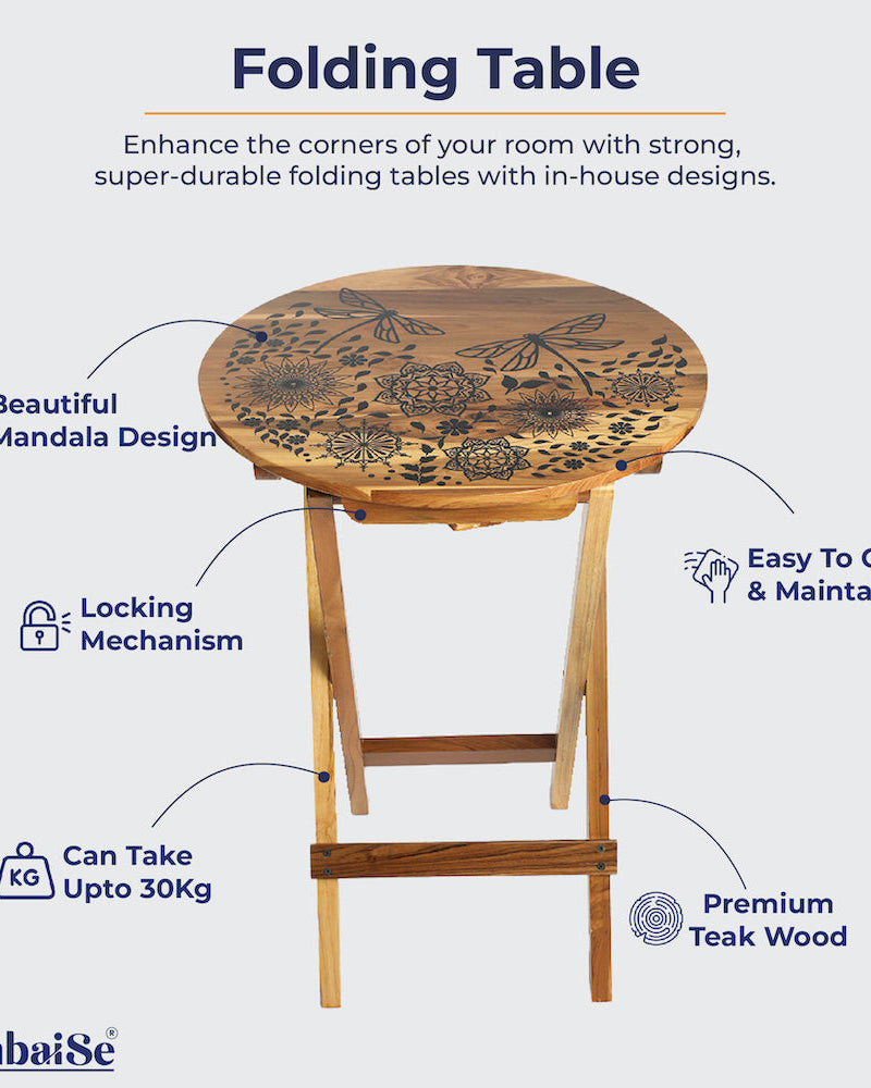Experience the artistry of our Dragonfly Mandala Round Folding Table, meticulously crafted from 100% Teak Wood. A functional masterpiece for coffee, sofa, bed, or balcony use, designed to bring elegance and ease to your home.