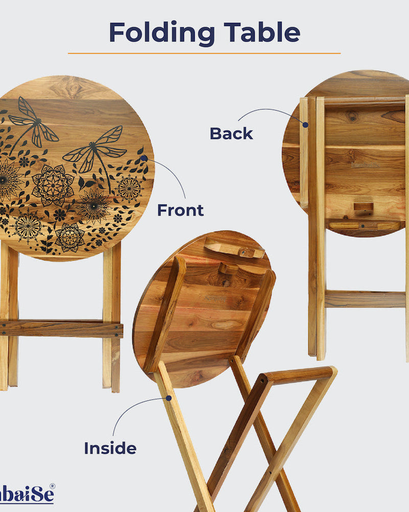 Infuse your living spaces with sophistication using our Dragonfly Mandala Round Folding Table. Made from 100% Teak Wood, this versatile piece adds artistic flair as a coffee, sofa, bed, or balcony table ‰ÛÒ effortlessly blending style with practicality.