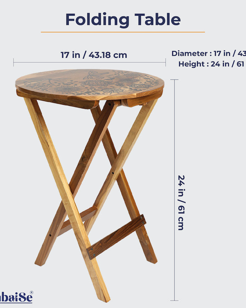 Discover the beauty of the Dragonfly Mandala Round Folding Table ‰ÛÒ a 100% Teak Wood marvel with an intricate design on top. Effortlessly switch between its uses as a coffee table, sofa side table, bed side table, or balcony accent, and enjoy easy cleaning and maintenance.