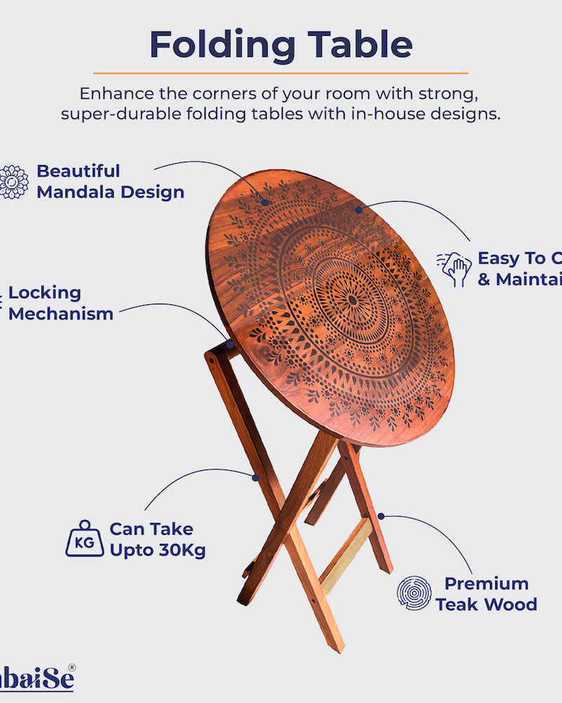 Experience the serenity of Mandala Art with our Blooming Teak Round Folding Table. Crafted from 100% Teak Wood, this table seamlessly transitions between roles as a coffee table, sofa side table, bed side table, or balcony masterpiece ‰ÛÒ all while being easy to clean and maintain.