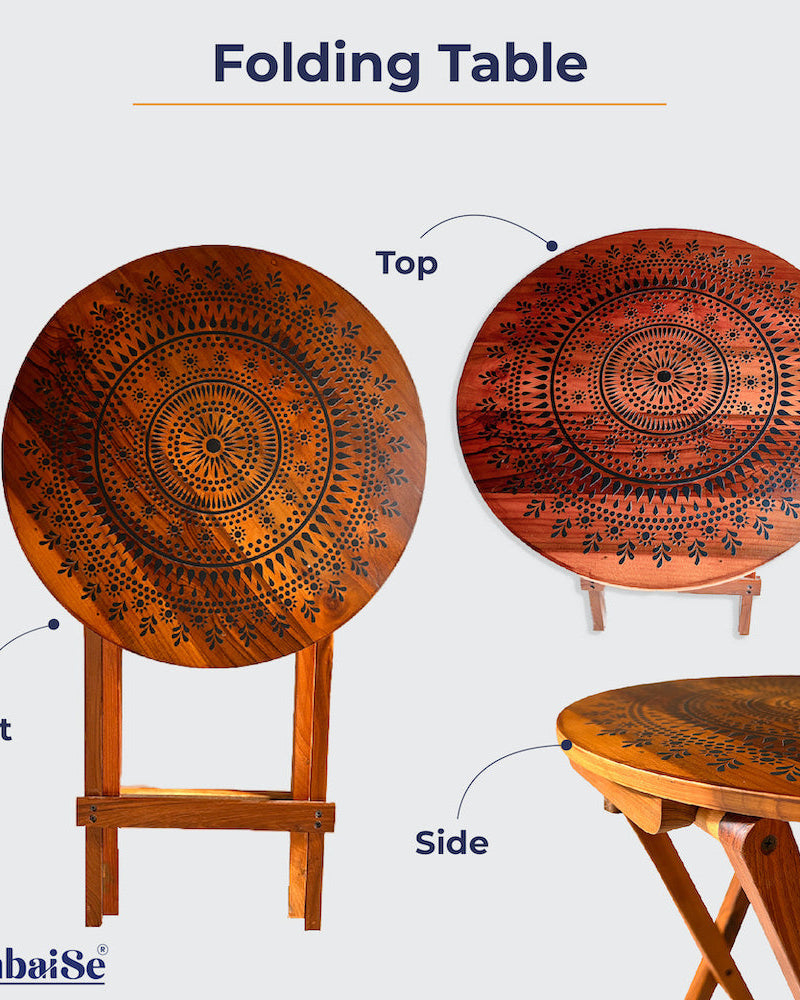 Transform your living spaces with the Blooming Teak Round Folding Table, adorned with captivating Mandala Art. Made from 100% Teak Wood, this versatile piece serves as a coffee table, sofa side table, bed side table, or balcony enhancement with effortless cleaning and maintenance.