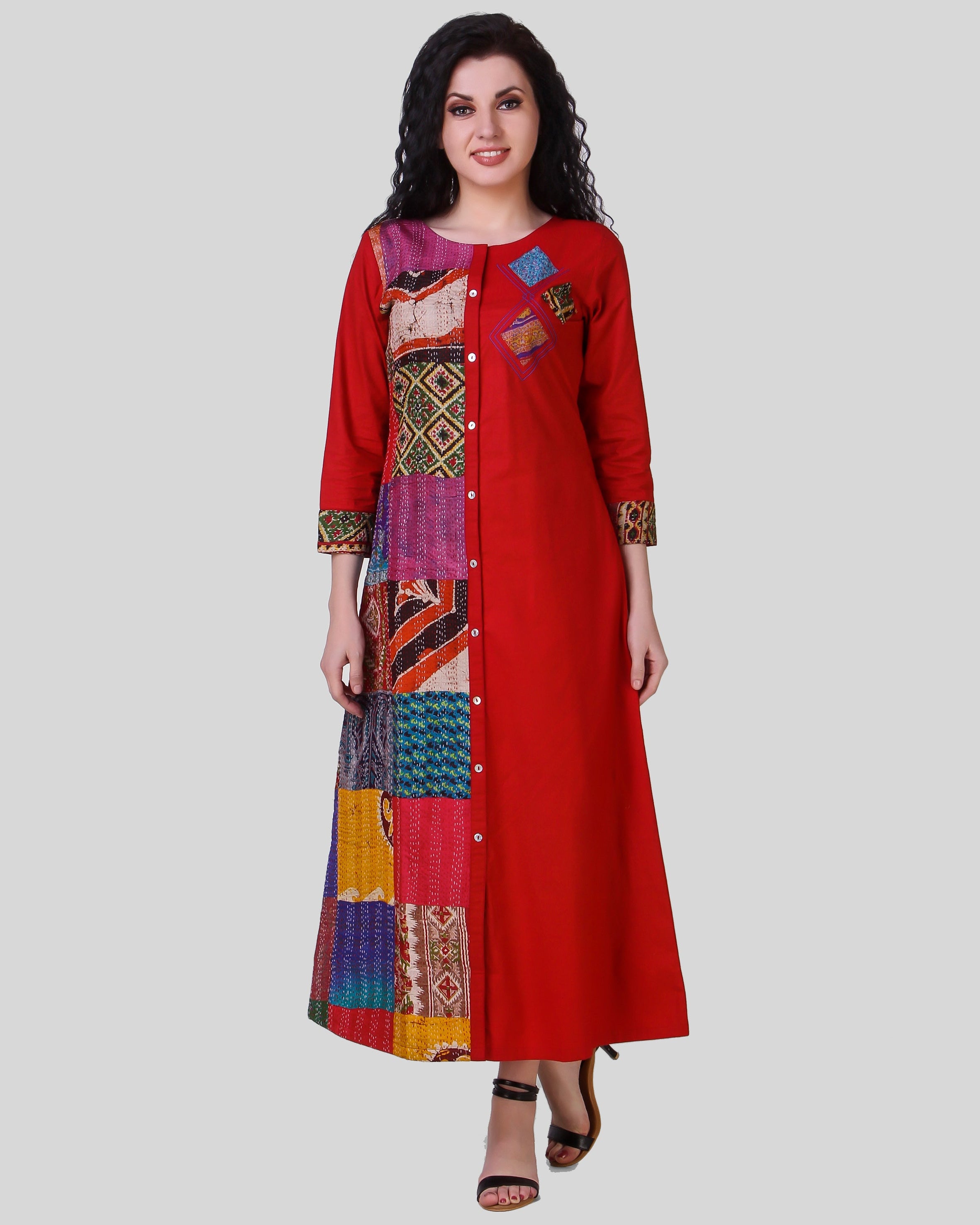 GULAAL: Red vintage silk kantha hand embroidered dress