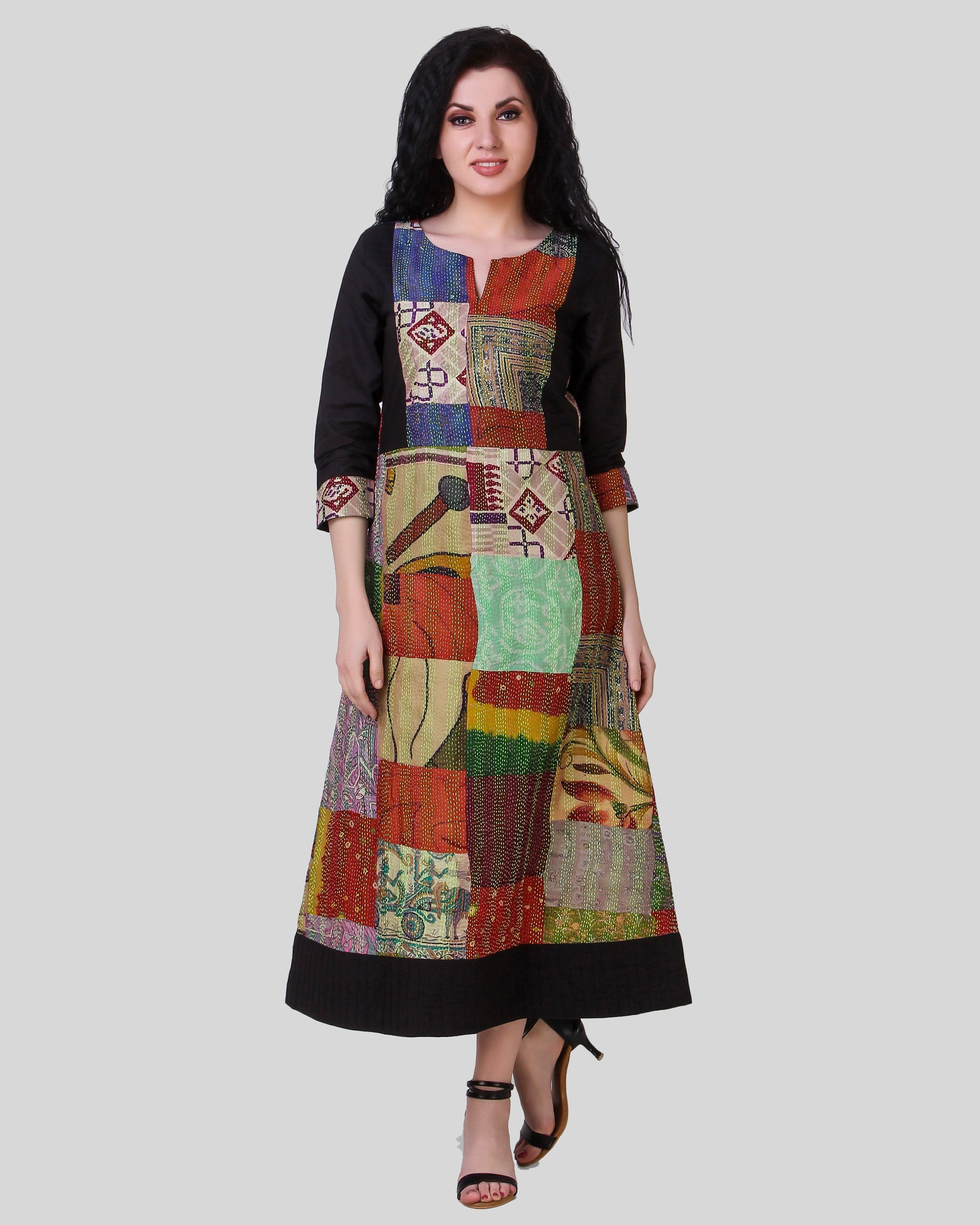 KAALI: Vinatge silk kantha black dress