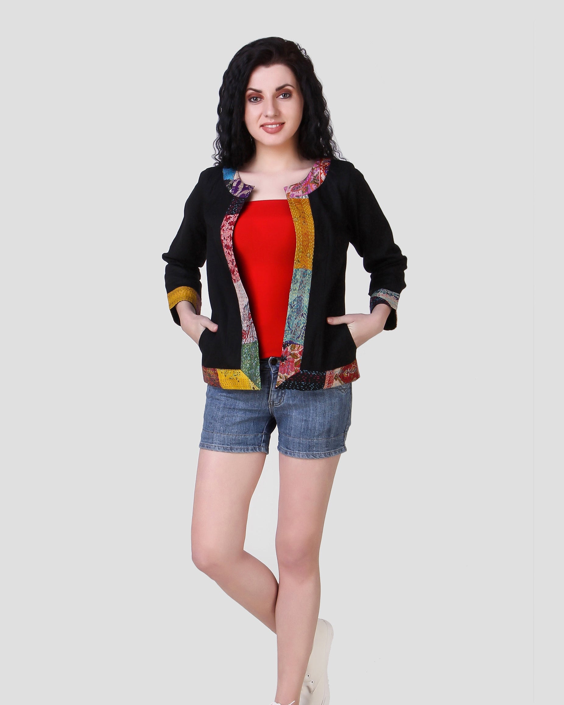 PAIBAND: Cotton jacket with silk kantha patch